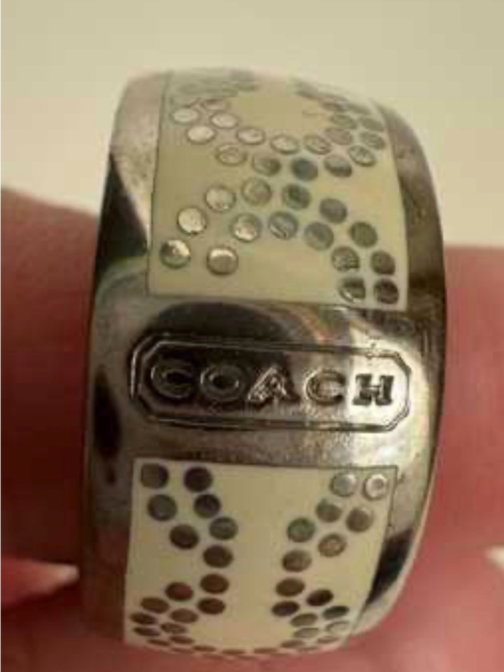 Coach Silver and Cream Enamel Logo  Ring